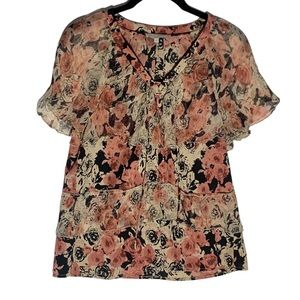 Lucky Lace-Up/Drawstring Neck Floral Peasant Top